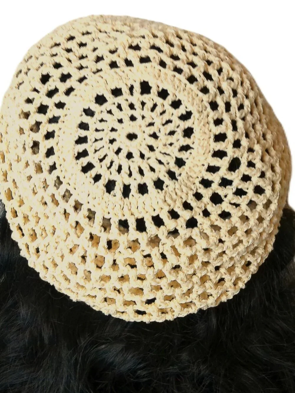 1970s - 1980s Vintage Cream Crochet Lace Beret Handmade Cotton Summer Hat - Picture 2 of 7